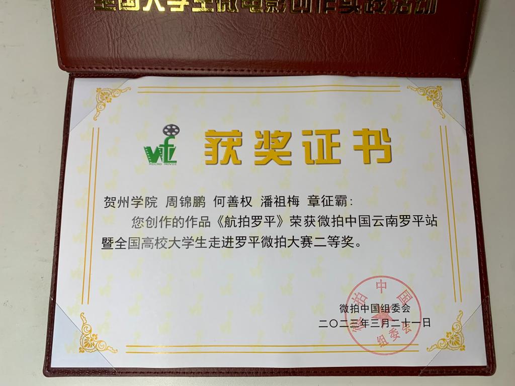 图为二等奖作品《航拍罗平》获奖证书